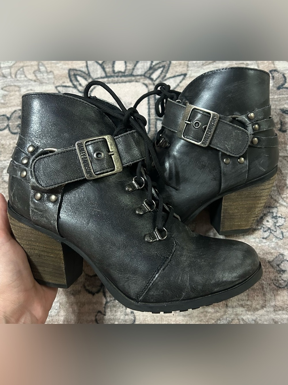 Harley Davidson Womens Harness Boots Sz 9 Ashland Gray Distressed Leather Biker